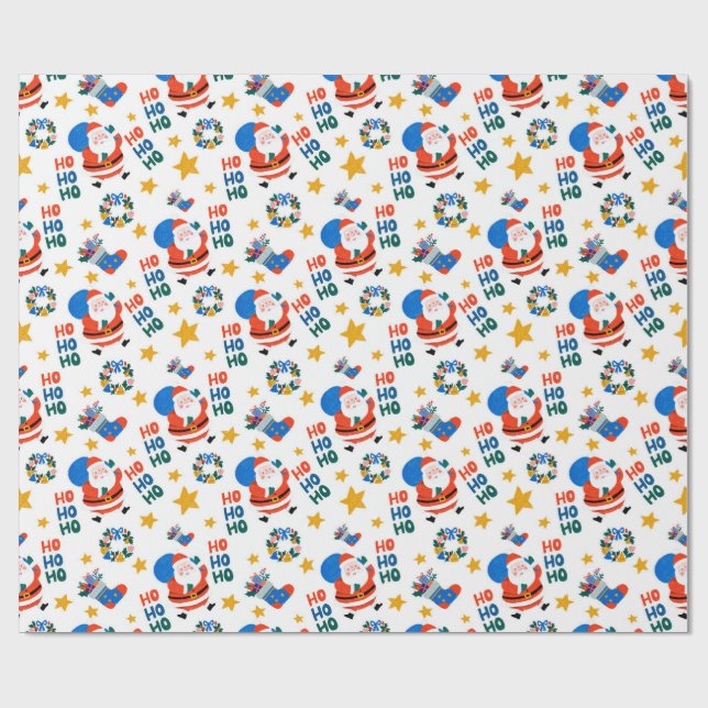 Hand Drawn Christmas Crayon Style Santa Pattern Geschenkpapier (Flach)