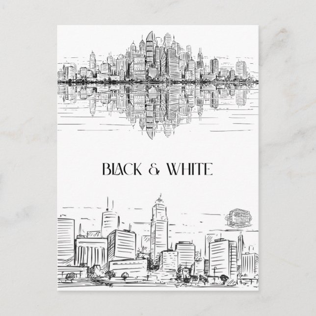 Hand Drawn City Line Art Skyline | Monochrome Postkarte (Vorderseite)