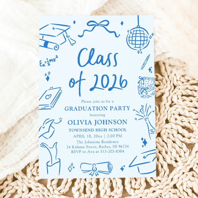 Hand Drawn Class of 2026 Blue Graduation Party Einladung (Hand Drawn Class of 2026 Blue Graduation Party Invitation)