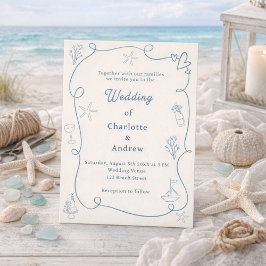 Hand drawn coastal beach dusty blue ivory wedding einladung