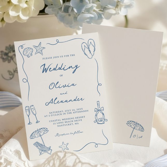 Hand Drawn Coastal Beach Dusty Blue Ivory Wedding Einladung (Von Creator hochgeladen)