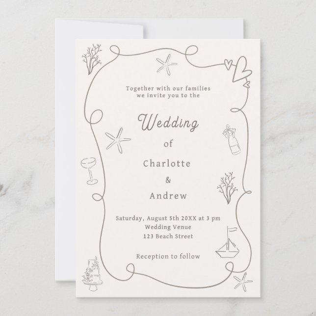 Hand drawn coastal beach taupe sand ivory wedding einladung (Vorderseite)