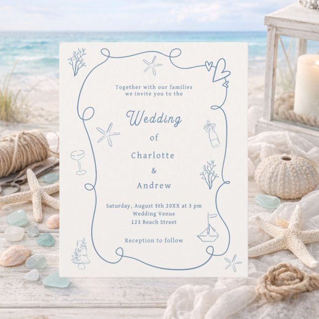 Hand drawn coastal blue ivory wedding invitation (Von Creator hochgeladen)