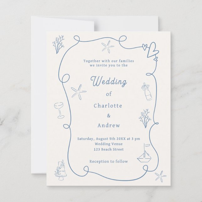 Hand drawn coastal blue ivory wedding invitation (Vorderseite)
