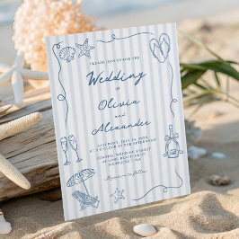 Hand Drawn Coastal Dusty Blue Beach Wedding Einladung