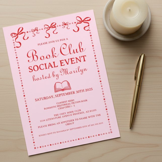 Hand Drawn Coquette Pink Red Book Club Invitation Einladung (please remove the background and create a mockup style with this invitation on a light natural wood )