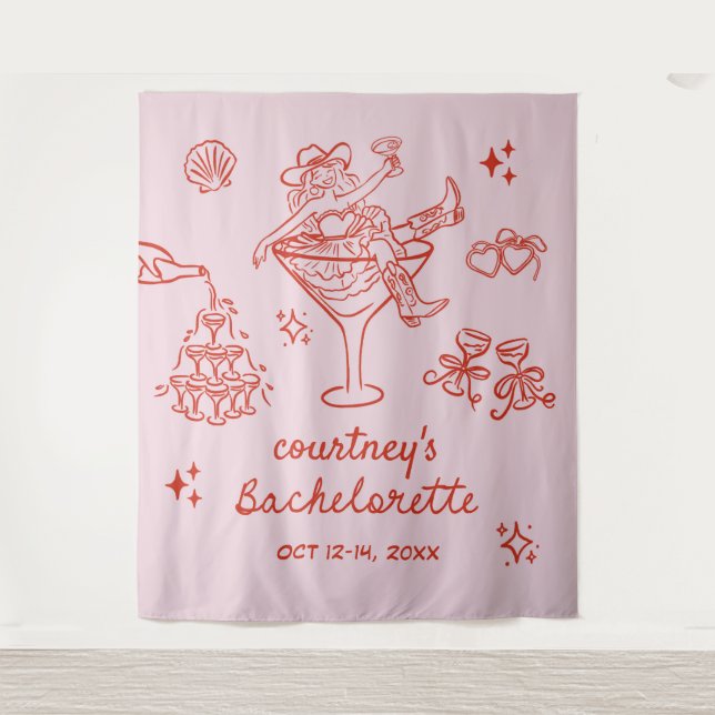 Hand Drawn Cowgirl Bachelorette Weekend Wandteppich (Vorderseite)