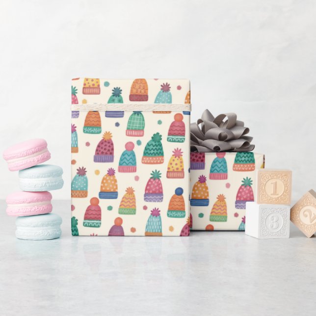 Hand Drawn Cozy Winter Hats Wrapping Paper Roll Geschenkpapier (Babyparty)
