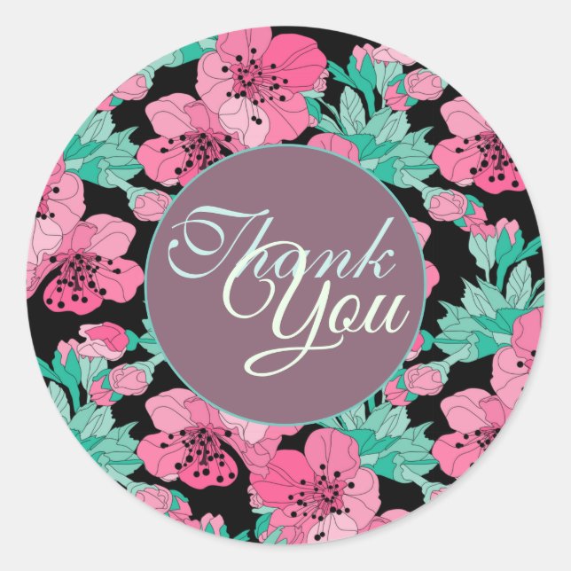 Hand Drawn Decorative Cherry Blossom Vielen Dank Runder Aufkleber (Vorderseite)