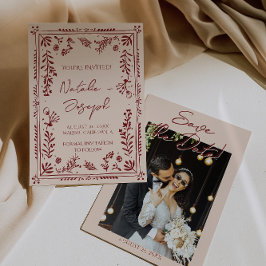 Hand Drawn Deep Red Floral Garden Photo Wedding Save The Date