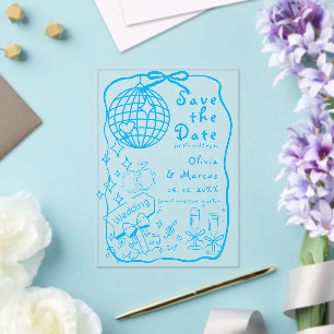 Hand Drawn Doodle Blue Wedding speichern das Datum Acryleinladungen
