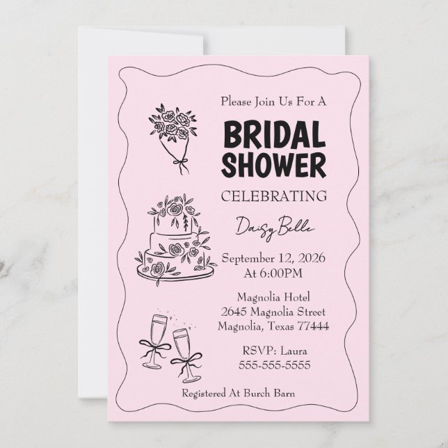 Hand Drawn Doodle Bridal Shower Pink Einladung (Vorderseite)