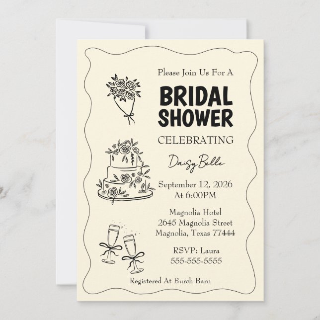 Hand Drawn Doodle Bridal Shower Yellow Einladung (Vorderseite)