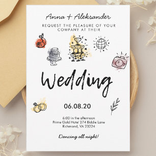 Hand Drawn Doodle Fun Funky Foto Wedding Einladung