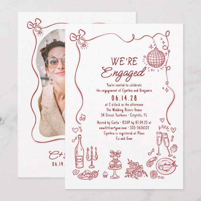 Hand Drawn Doodle Whimsical Engagement Party Photo Einladung (Vorne/Hinten)