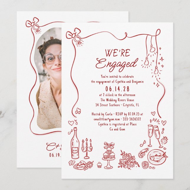 Hand Drawn Doodle Whimsical Engagement Party Photo Einladung (Vorne/Hinten)