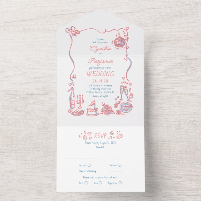 Hand Drawn Doodles Funky Quirky Moderne Hochzeit All In One Einladung (Innen)