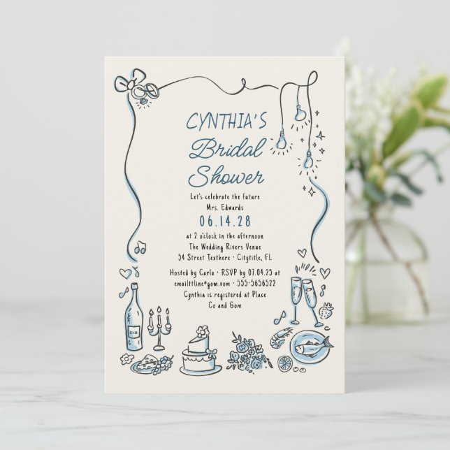 Hand Drawn Doodles Funky Whimsical Bridal Shower Einladung (Stehend Vorderseite)