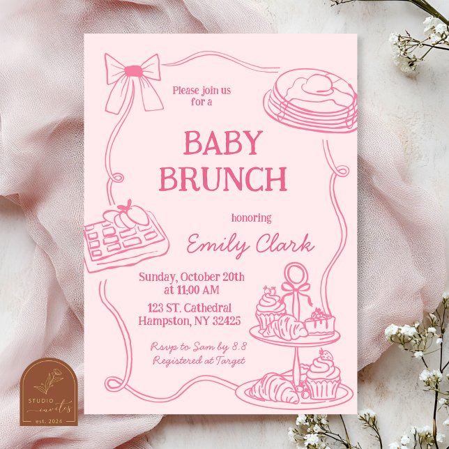 Hand Drawn Doodles Pink Baby Brunch Invitation Einladung (Von Creator hochgeladen)