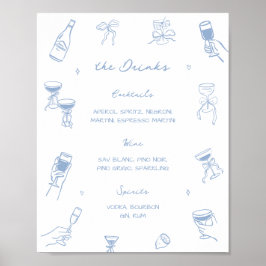 Hand Drawn Dusty Blue Wedding Bar Drink Menü Poster