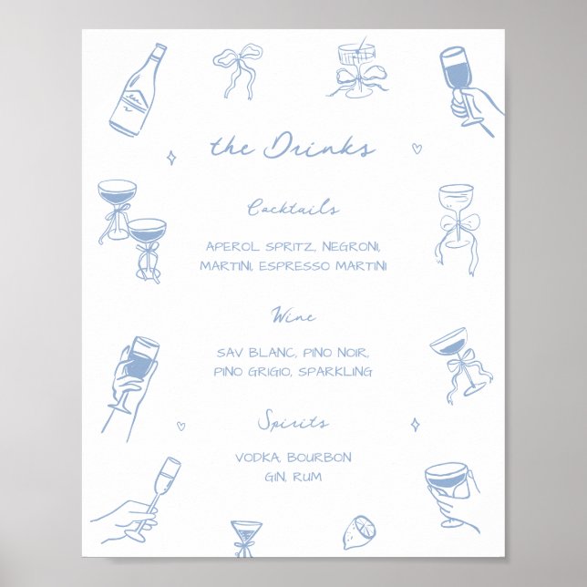 Hand Drawn Dusty Blue Wedding Bar Drink Menü Poster (Vorne)