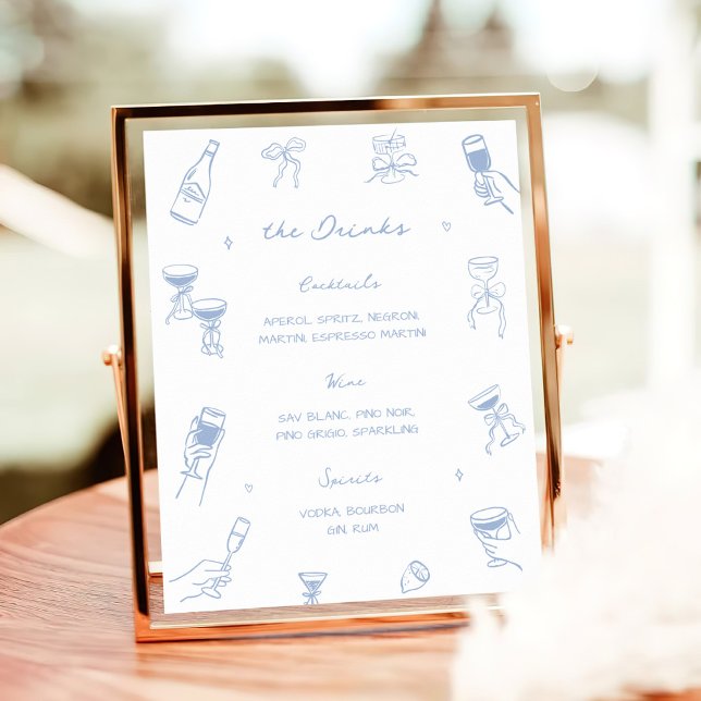 Hand Drawn Dusty Blue Wedding Bar Drink Menü Poster (Von Creator hochgeladen)