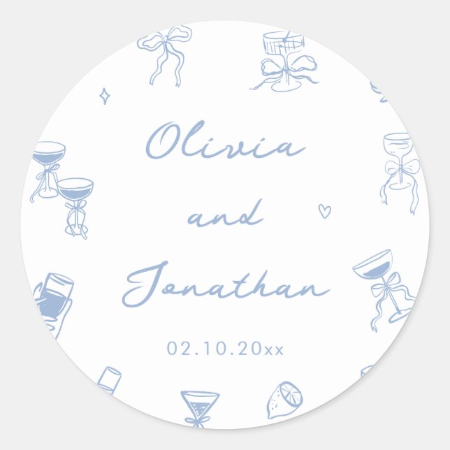 Hand Drawn Dusty Blue Wedding Runder Aufkleber (Vorderseite)