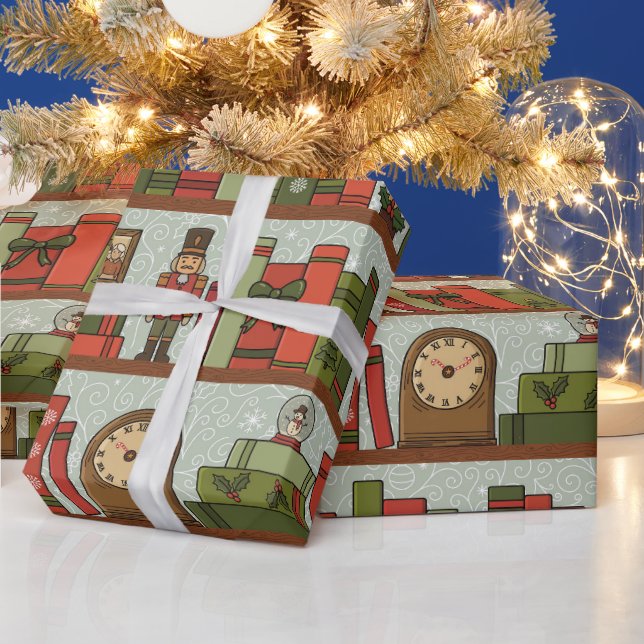 Hand Drawn Festive Bookshelf  Wrapping Paper Roll Geschenkpapier (Feiertage)