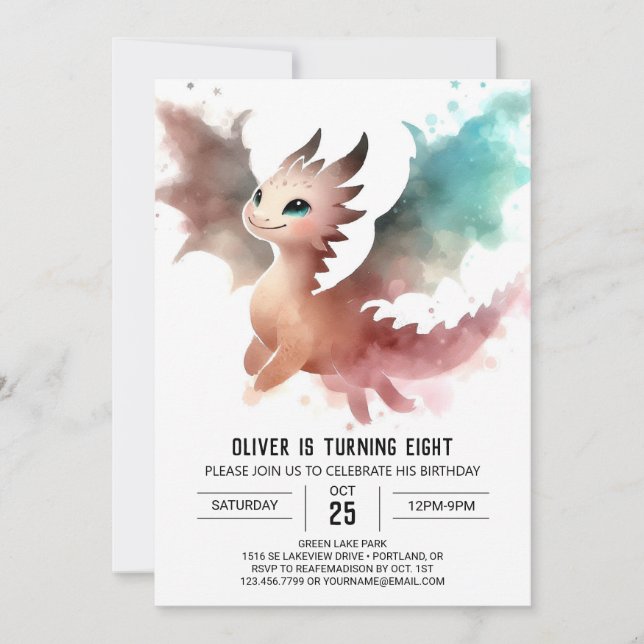 Hand Drawn Fiery Dragon Birthday Einladung (Vorderseite)