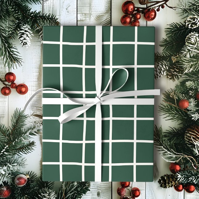 Hand Drawn Forest Green and White Grid Holiday Geschenkpapier (Von Creator hochgeladen)