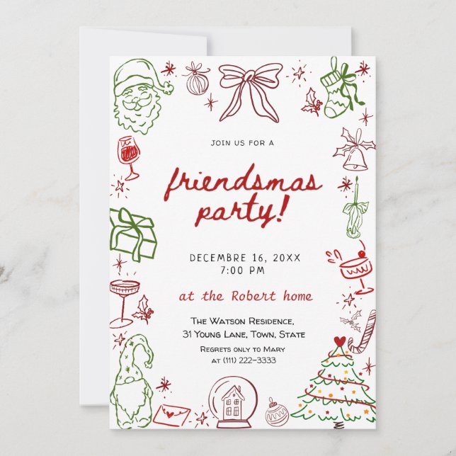 Hand Drawn Friendsmas Christmas  Invitation Einladung (Vorderseite)