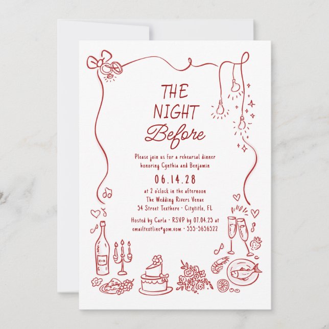 Hand Drawn Funky Whimsical Rehearsal Dinner Einladung (Vorderseite)