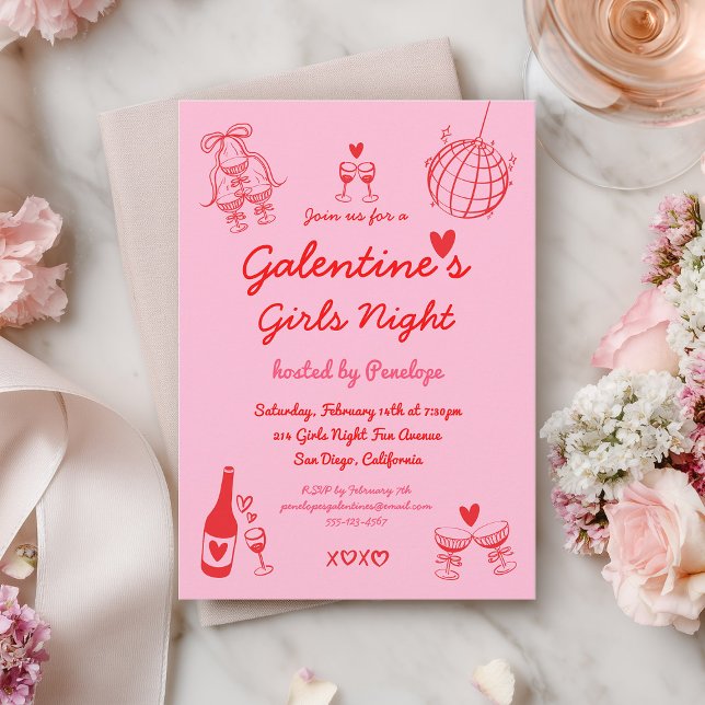 Hand Drawn Galentine's Girls Night Party Einladung (Von Creator hochgeladen)