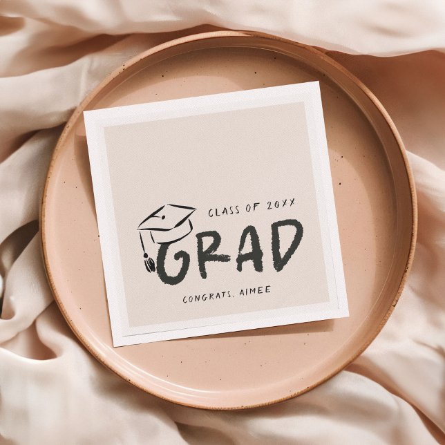 Hand-Drawn Graduation Cap Doodle Handwritten  Serviette (grad party napkins with bold handwritten text and hand-drawn doodle graduation cap)