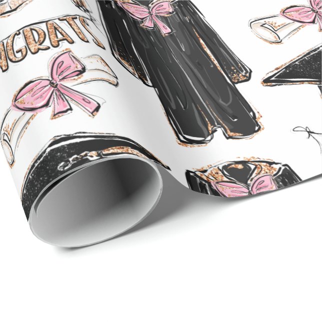 Hand-Drawn Graduation Gown Pink Bow Graduation  Geschenkpapier (Rolleneckpunkt)