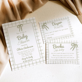 Hand Drawn Green Bow Gingham Neutral Baby Shower Einladung