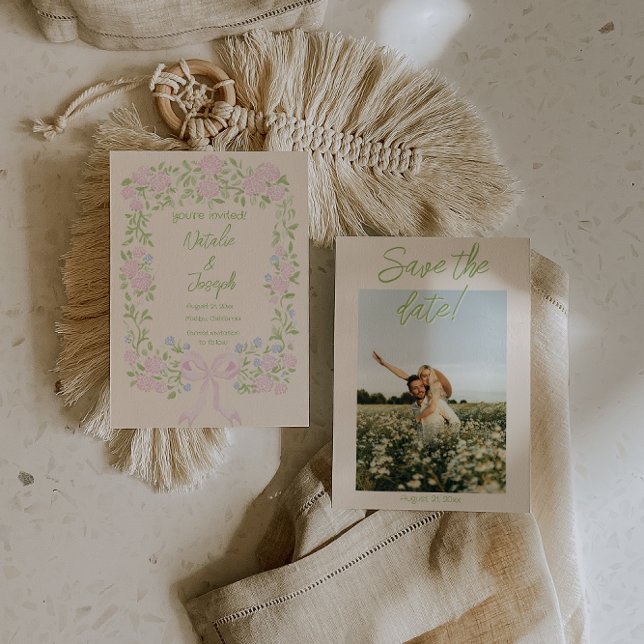 Hand Drawn Green Pink Bow Floral Photo Wedding Save The Date (Von Creator hochgeladen)