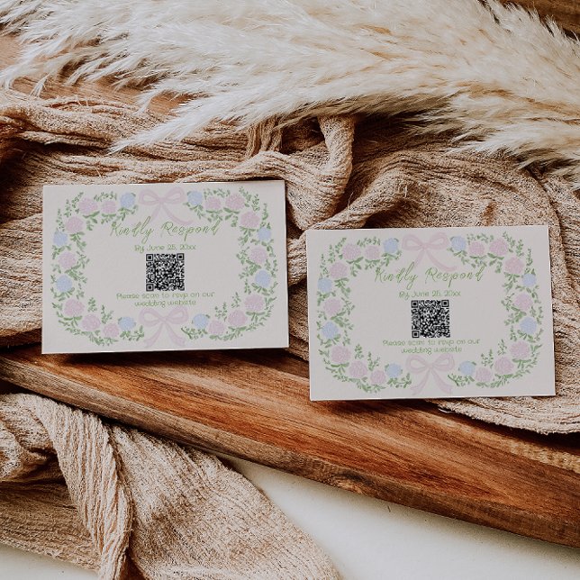 Hand Drawn Green Pink Bow Floral Wedding QR Code RSVP Karte (Von Creator hochgeladen)