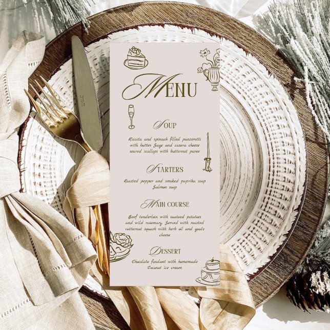 Hand Drawn Green Retro Illustrated Dinner Wedding Menükarte (Von Creator hochgeladen)