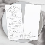 Hand Drawn Grey Whimsical Wedding Menükarte<br><div class="desc">Inspirierte europäische Speisekarte zum Hochzeitsessen in Grau und Weiß. Diese bezaubernde Hochzeitskarte besticht durch ein charmantes Design, das von italienischer, französischer und europäischer Ästhetik inspiriert wurde. Eine von Hand gezeichnet Orts-Darstellung ziert die Oberfläche, während eine Champagnerflasche und ein Glas unten mit verstreuten Herzen für eine romantische und elegante Touch akzentuiert...</div>