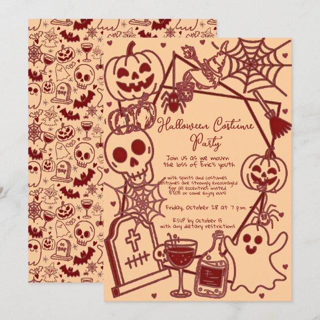 Hand Drawn Halloween Costume Birthday Party  Einladung (Vorne/Hinten)
