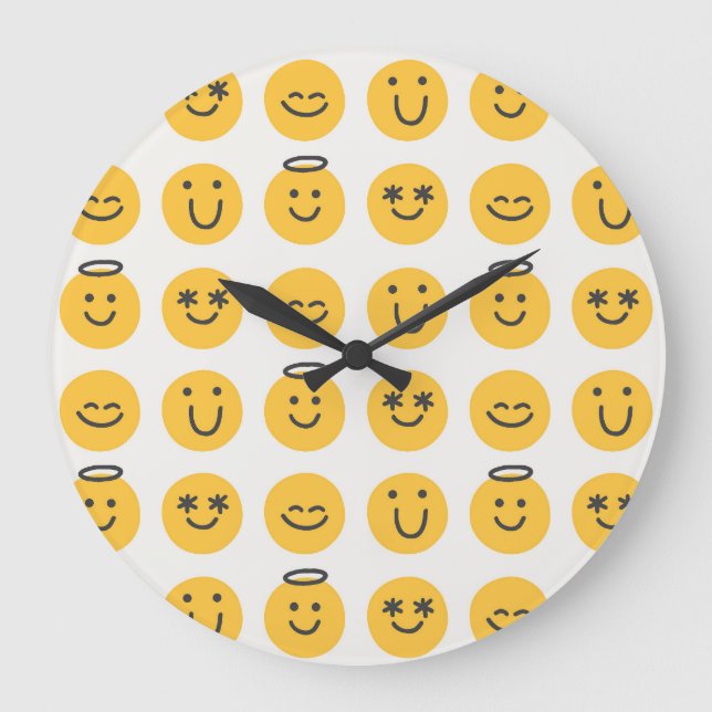 Hand Drawn Happy Emoji Pattern Große Wanduhr (Vorderseite)