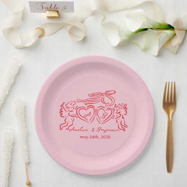 hand drawn heart couple whimsical wedding pappteller (Hochzeit)
