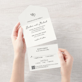 Hand Drawn Hearts Doodle QR Code Modern Wedding All In One Einladung