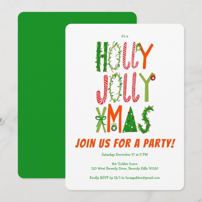 Hand Drawn Holly Jolly Weihnachten CUSTOM Urlaub Einladung (Vorne/Hinten)