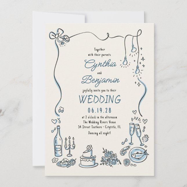 Hand Drawn Illustrations Doodles Whimsical Wedding Einladung (Vorderseite)