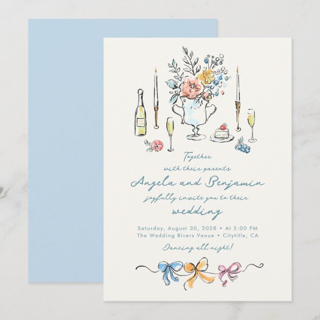 Hand Drawn Illustrations Whimsical French Wedding Einladung (Vorne/Hinten)