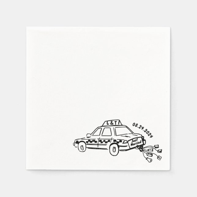 Hand Drawn Just heiratete Taxi Cocktail Hochzeit Serviette (Vorderseite)