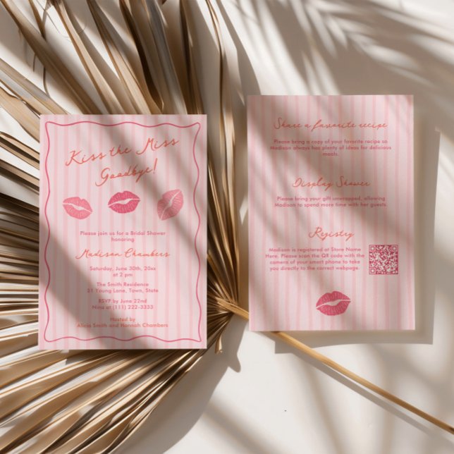 Hand-drawn Kiss The Miss Goodbye Bridal Shower Einladung (Modern Hand-Drawn Kiss The Miss Goodbye Bridal Shower invitation in shades of pink and orange)