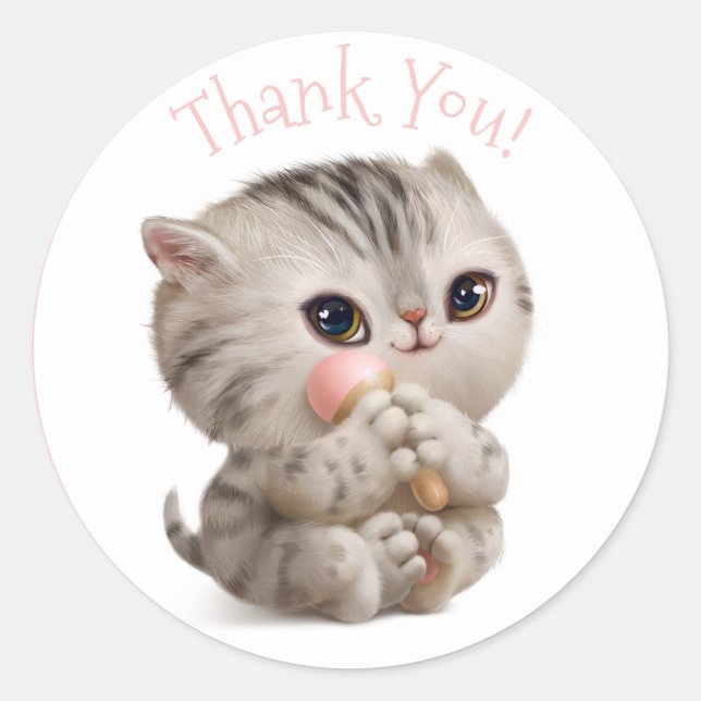 Hand Drawn Kitten mit Dank Typografie Runder Aufkleber (Vorderseite)